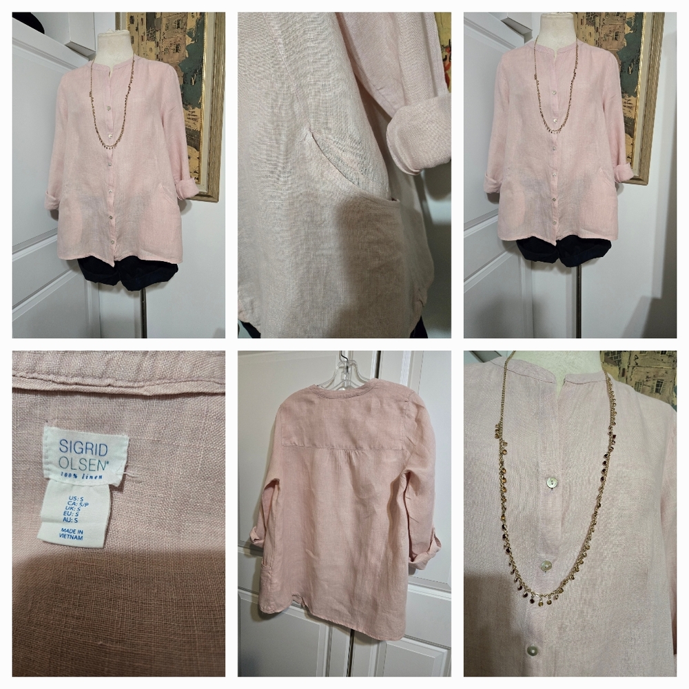 SIGRID OLSEN Pink Linen Chinese Collar Long Sleeve Blouse- Small